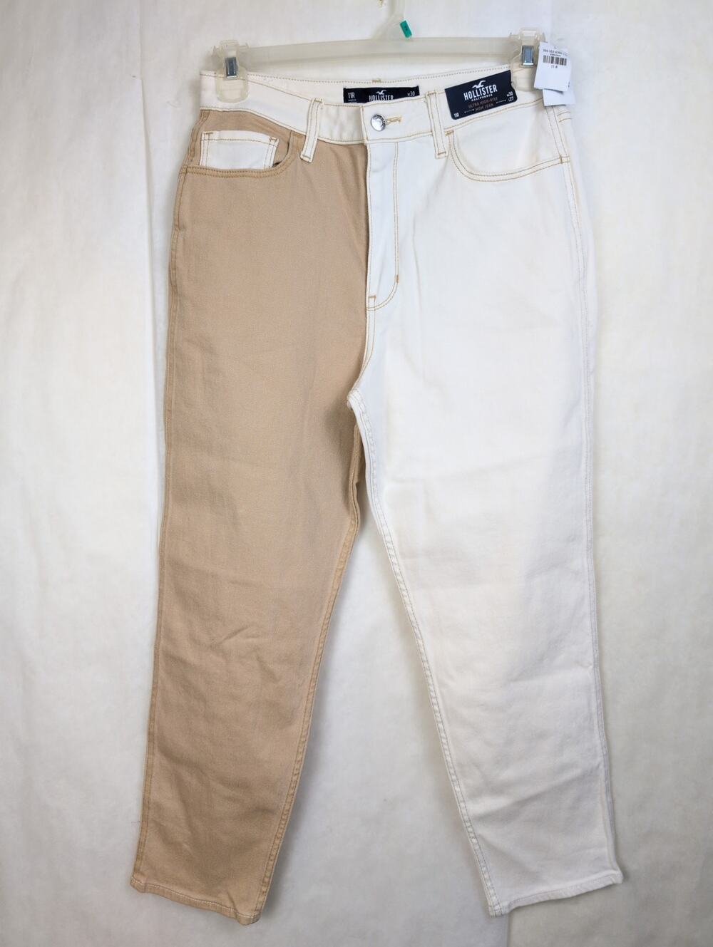 New Hollister ultra high rise mom jean Size 30x27 brown ivory color block Retro